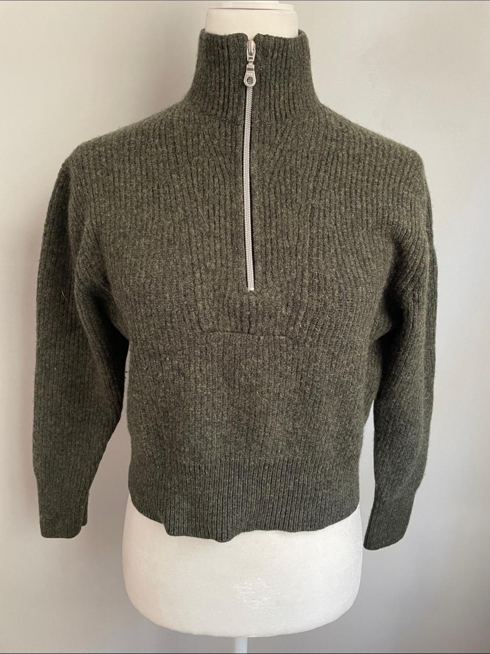 AYR Fluffito 1/2 Zip Ribbed Extra Fine Merino Wool Pesto Green Sweater Small